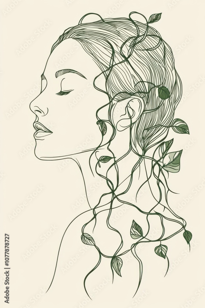 A minimal single line art of a woman with trailing sweet potato vines decorating her hair, representing resilience and nourishment, hand-drawn style minimalist line art, beige colors and deep green A minimal single line art of a woman with trailing sweet potato vines decorating her hair, representing resilience and nourishment, hand-drawn style minimalist line art, beige colors and deep green