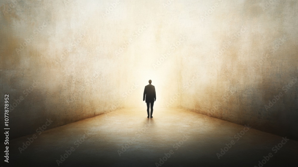 A lone figure walks towards a bright, illuminating pathway, symbolizing hope and new beginnings in a tranquil, atmospheric setting. A lone figure walks towards a bright, illuminating pathway, symbolizing hope and new beginnings in a tranquil, atmospheric setting.