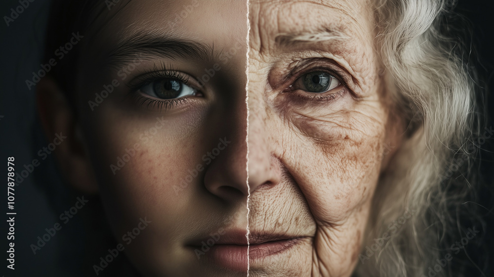 Fototapeta premium A face showing on one side a young girl with fresh skin, on the other side an elderly aging woman with wrinkles