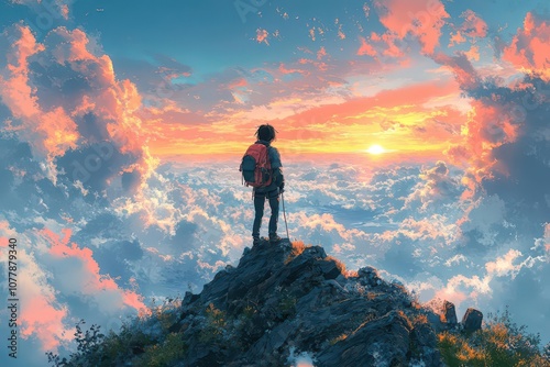 girl scaling a mountain surrounded by a breathtaking cloudfilled sky rendered in vibrant japanese anime style capturing the spirit of adventure and determination