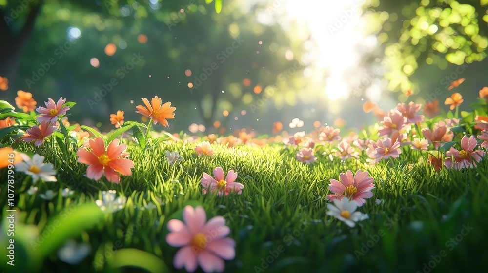 A vibrant meadow filled with colorful flowers and lush greenery illuminated by sunlight. A vibrant meadow filled with colorful flowers and lush greenery illuminated by sunlight.