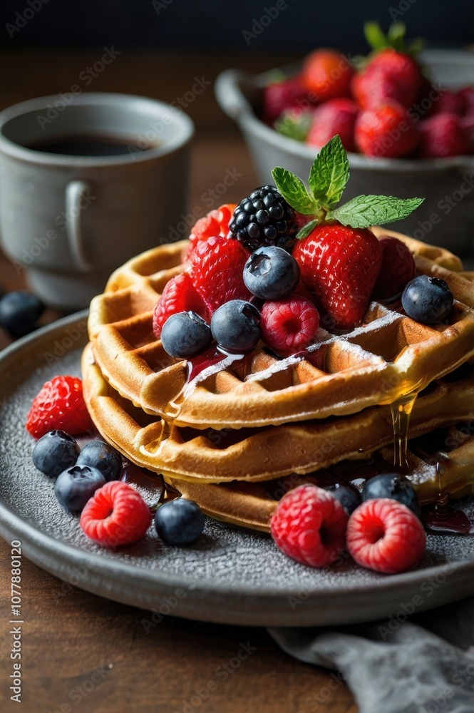 Stack of waffles with strawberries and blueberries on top Stack of waffles with strawberries and blueberries on top