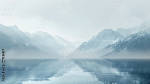 A peaceful mountain lake in the early morning fog, the water still and reflecting the faint outline of distant peaks