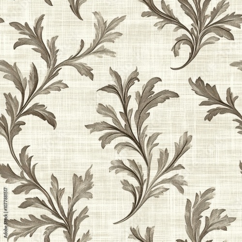 Vintage Neoclassical acanthus leaf pattern on vintage beige fabric background, seamless repeating pattern, textile print style, minimal, Neoclassical design, seamless acanthus leaf pattern, home decor