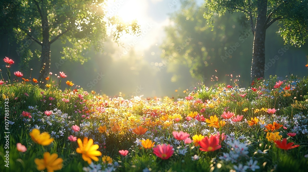 A vibrant meadow filled with colorful flowers and sunlight filtering through trees. A vibrant meadow filled with colorful flowers and sunlight filtering through trees.