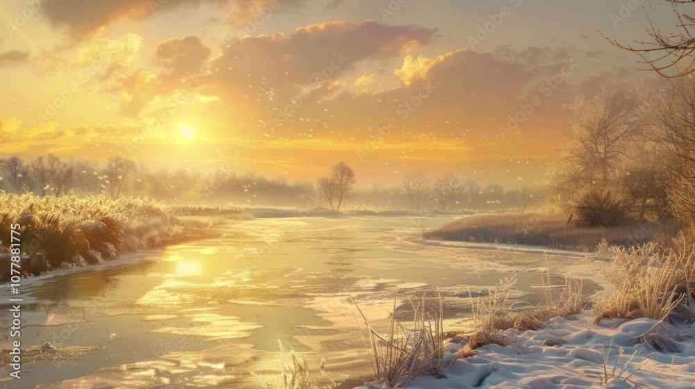 A peaceful sunrise over a frozen lake, with the ice glistening in the sunlight and the sky painted in warm hues. A peaceful sunrise over a frozen lake, with the ice glistening in the sunlight and the sky painted in warm hues.