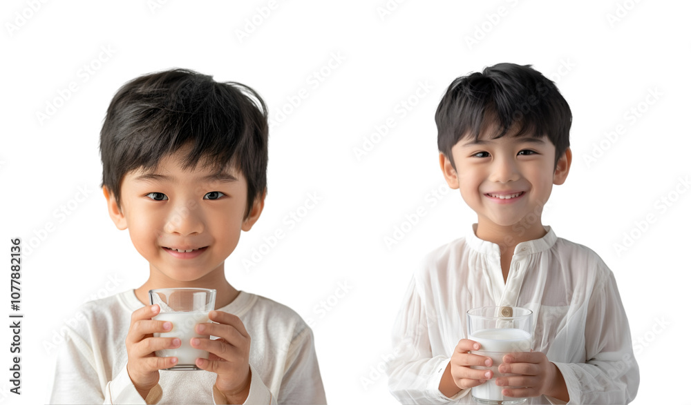 Child with glass of milk in hand on white background Child with glass of milk in hand on white background