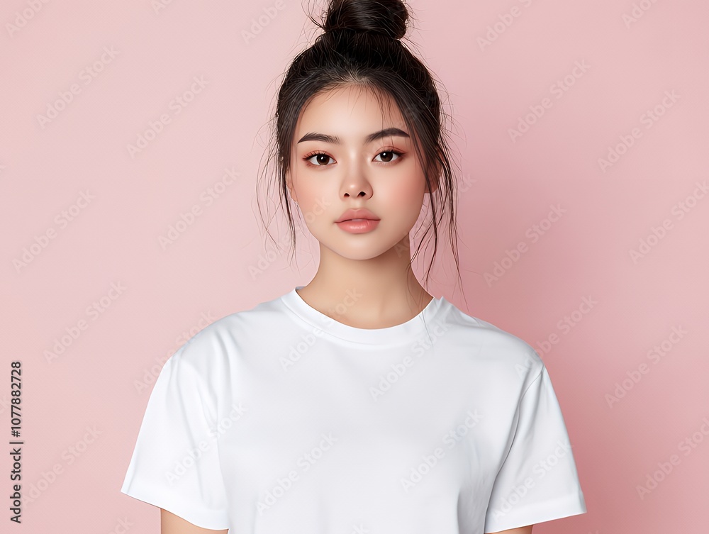 Young Asian woman with a bun hairstyle looking at the camera wearing a white t-shirt. Young Asian woman with a bun hairstyle looking at the camera wearing a white t-shirt.