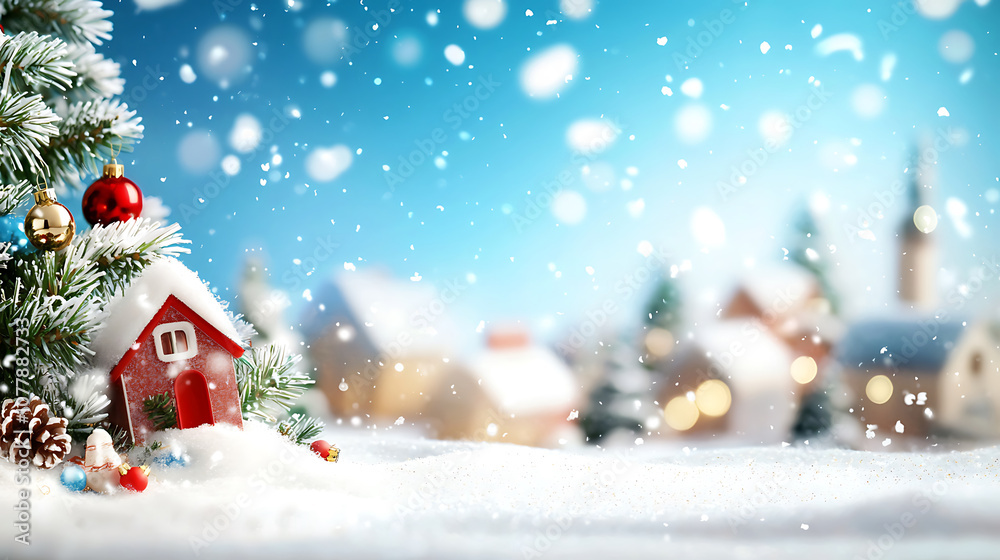 cozy winter scene featuring small red house, snow covered trees, and falling snowflakes creates festive atmosphere. blurred village in background adds charm cozy winter scene featuring small red house, snow covered trees, and falling snowflakes creates festive atmosphere. blurred village in background adds charm