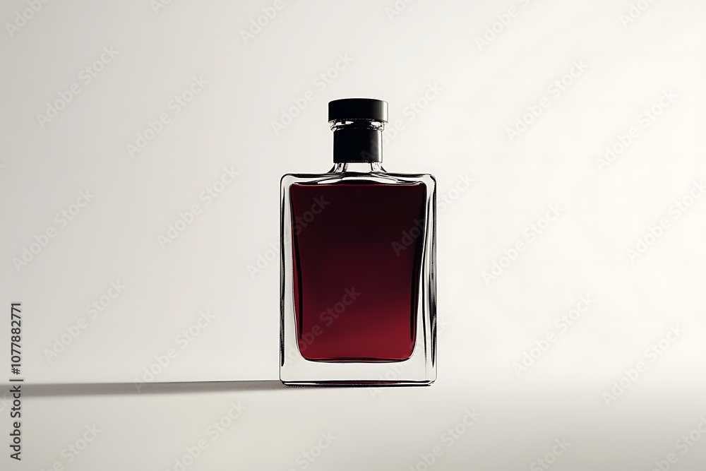 Dark perfume bottle with maroon liquid on a light background Dark perfume bottle with maroon liquid on a light background
