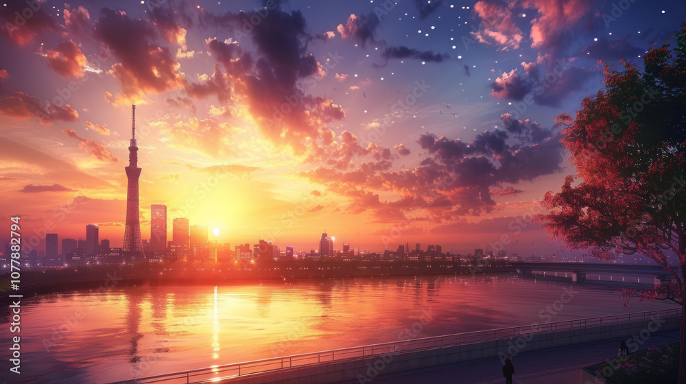 Naklejka premium A peaceful sunset over a well-known city landmark, the sky glowing with warm colors as the day fades.