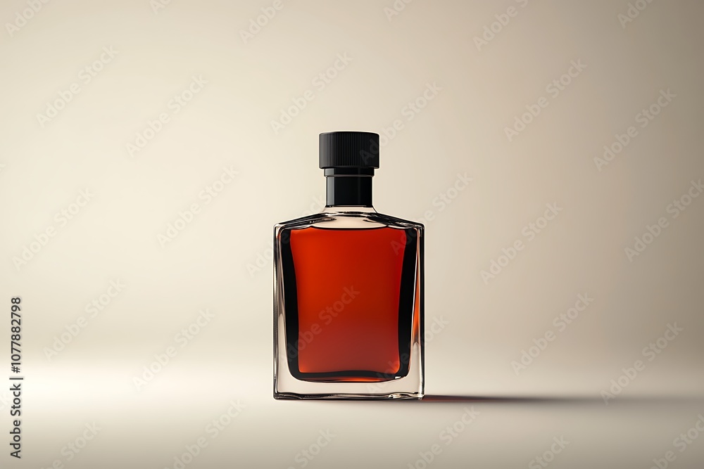 Elegant perfume bottle with amber liquid on beige background
