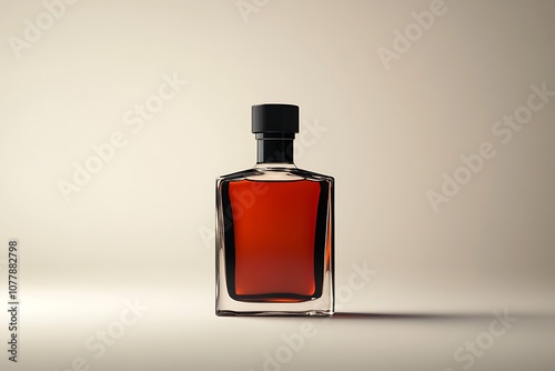 Elegant perfume bottle with amber liquid on beige background