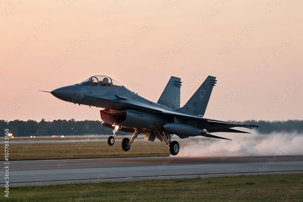 Sleek Fighter Jet Takes Off at Dawn Showcasing Intensity of Military Aviation Training Exercises Sleek Fighter Jet Takes Off at Dawn Showcasing Intensity of Military Aviation Training Exercises