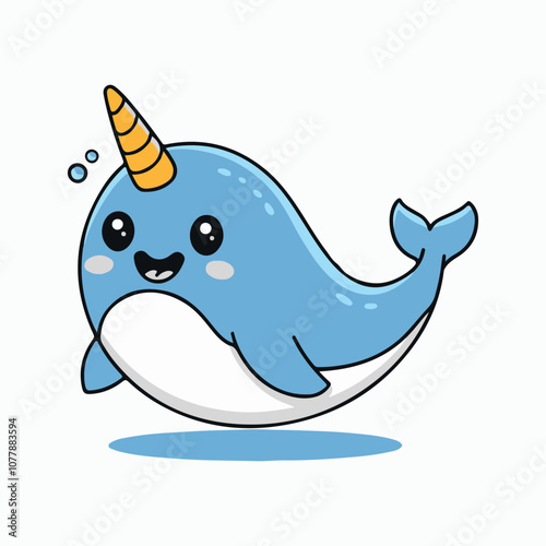 Vector illustration of a kawaii blue narwhal on a white background