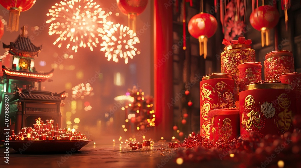 Fototapeta premium Chinese New year background, with fireworks, firecrackers and Asian Chinese red scene, rendered in surrealism, indoor scene, generative ai