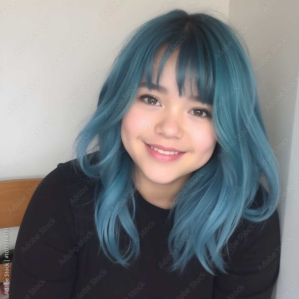 Una linda chica con una playera negra y encantador pelo azul brillante Una linda chica con una playera negra y encantador pelo azul brillante