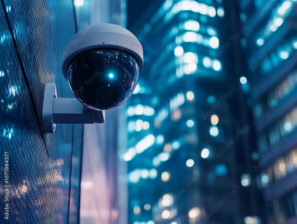 A Security Camera Mounted on a Building Wall at Night A Security Camera Mounted on a Building Wall at Night