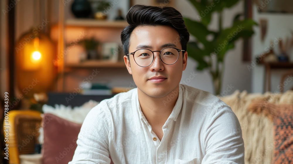 Fototapeta premium Stylish Young Man in Casual Attire Relaxing at Home with Modern Decor