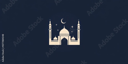 Mosque silhouette with crescent moon and stars photo