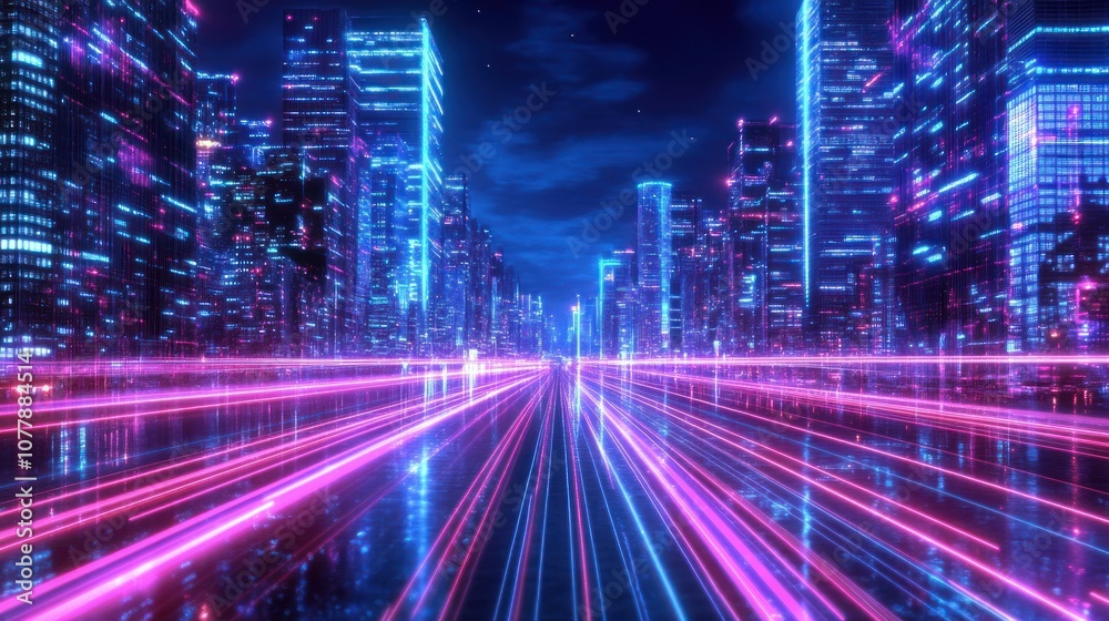 Fototapeta premium Neon Cityscape with Glowing Lights