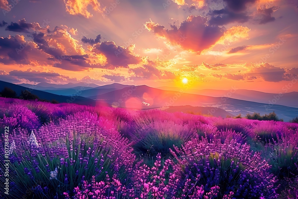 Sunset over the lavender fields in the mountains Sunset over the lavender fields in the mountains