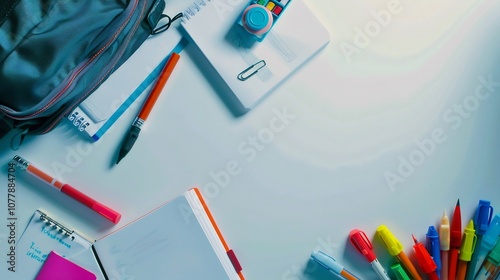  A school bag with a pencil sharpener, sketchpads, and markers scattered across the white desk.  photo