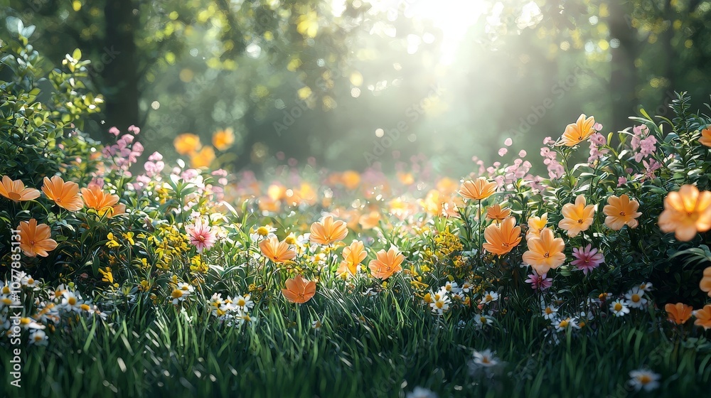 A vibrant meadow filled with colorful flowers, illuminated by soft sunlight.
