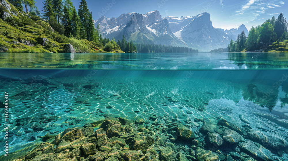 A pristine lake with an underwater view, the clear water revealing the lakebed and aquatic life below, creating a serene, two-layered scene A pristine lake with an underwater view, the clear water revealing the lakebed and aquatic life below, creating a serene, two-layered scene