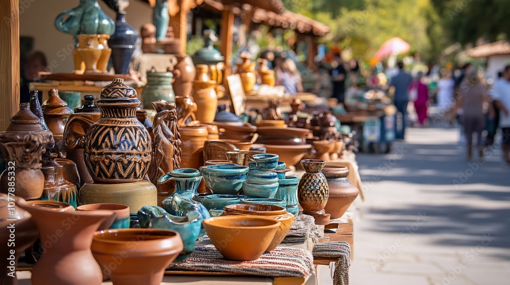Fototapeta premium A colorful display of handcrafted pottery at a bustling outdoor market, featuring various styles and sizes of vases, jugs, and bowls.
