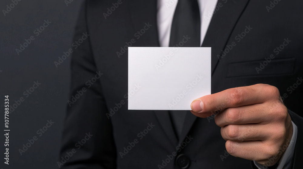 businessman in suit holding blank white card, ready for presentation or advertising. image conveys professionalism and opportunity businessman in suit holding blank white card, ready for presentation or advertising. image conveys professionalism and opportunity