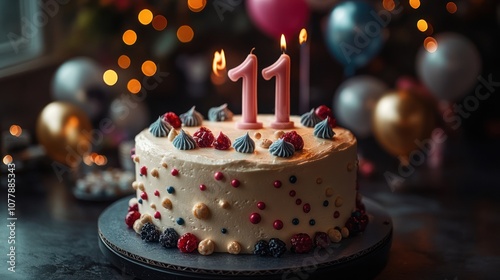 Birthday cake with 11 candles and colorful balloons.