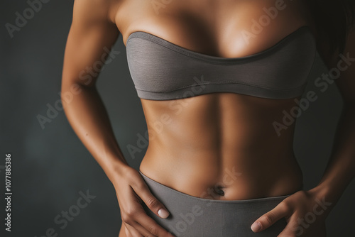 Athletic Woman in Gray Activewear Displaying Fit Body Against Dark Background