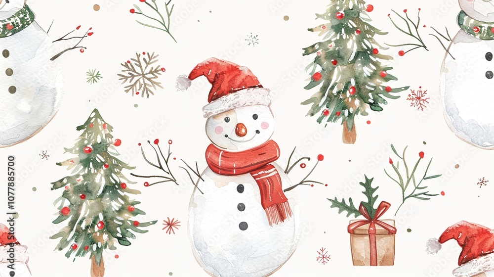 Watercolor Merry Christmas Seamless Pattern, Snowman and Christmas Tree