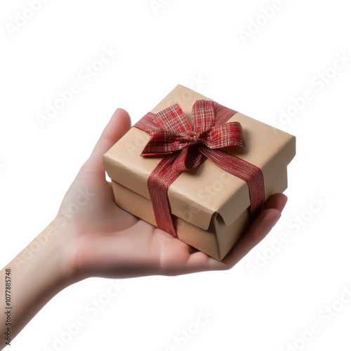 hand holding gift box isolated on transparent background cutout