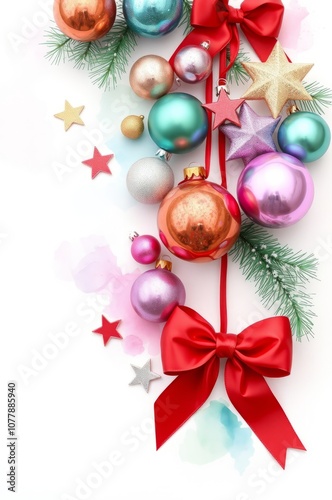 Christmas ornaments, colorful baubles, red ribbons, festive decorations, pine branches, glittery stars, pastel background, soft focus, holiday cheer, vibrant colors, shiny spheres, delicate arrangemen photo