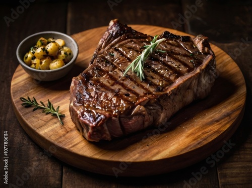 Closeup steak on wood plate at the the table