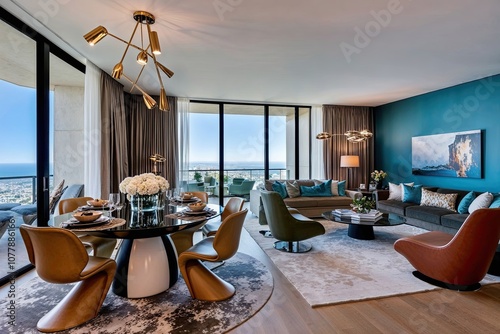 Elegant Luxe Apartment Interior Design with Chic Dining Area Innovative Furniture and Spacious Colorful Living Room photo