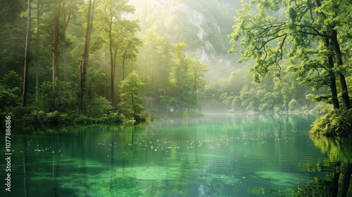 A quiet, serene lake nestled in a dense forest, the water undisturbed and crystal clear, creating a peaceful retreat