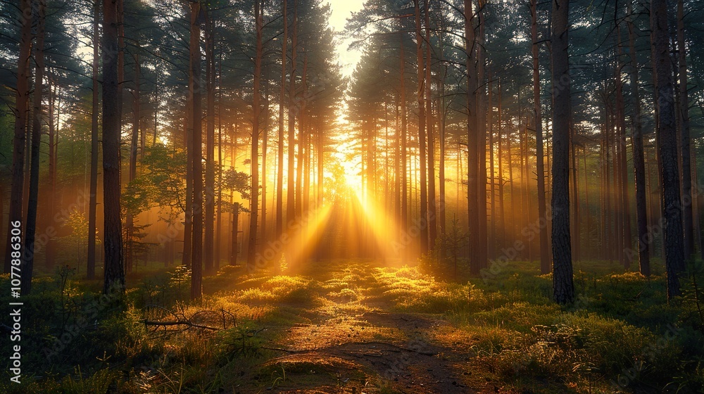 Golden Hour Sunlight Through a Dense Forest Golden Hour Sunlight Through a Dense Forest