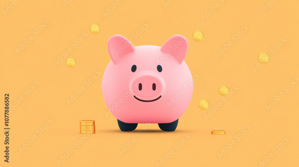 Piggy Bank Illustration, a vibrant flat design featuring a cheerful piggy bank surrounded by scattered coins, symbolizing savings and financial growth Piggy Bank Illustration, a vibrant flat design featuring a cheerful piggy bank surrounded by scattered coins, symbolizing savings and financial growth