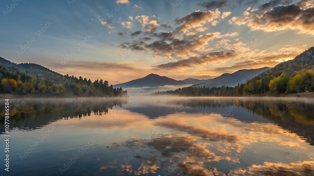 Fototapeta premium Misty sunrise over a mountain lake with reflection.