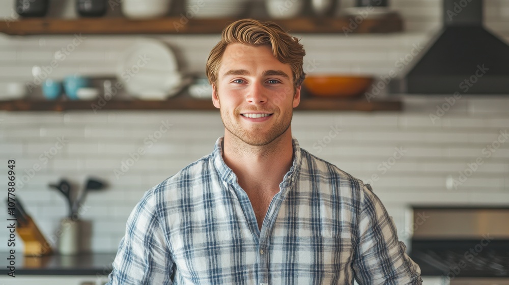 Cheerful Young Man Smiling in Modern Kitchen Setting Cheerful Young Man Smiling in Modern Kitchen Setting