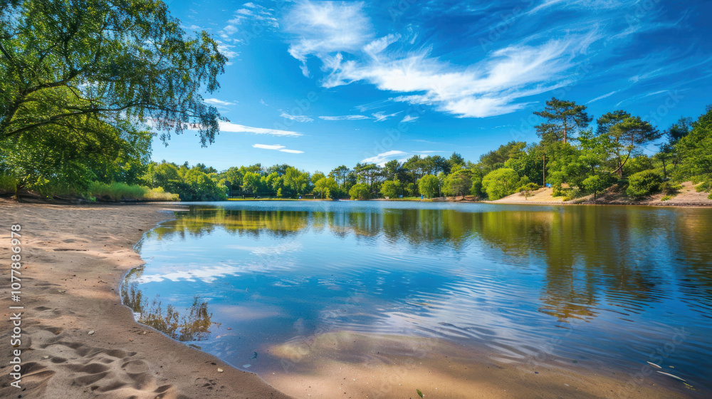 A sandy shoreline along a tranquil lake, the water softly reflecting the surrounding trees and blue sky A sandy shoreline along a tranquil lake, the water softly reflecting the surrounding trees and blue sky