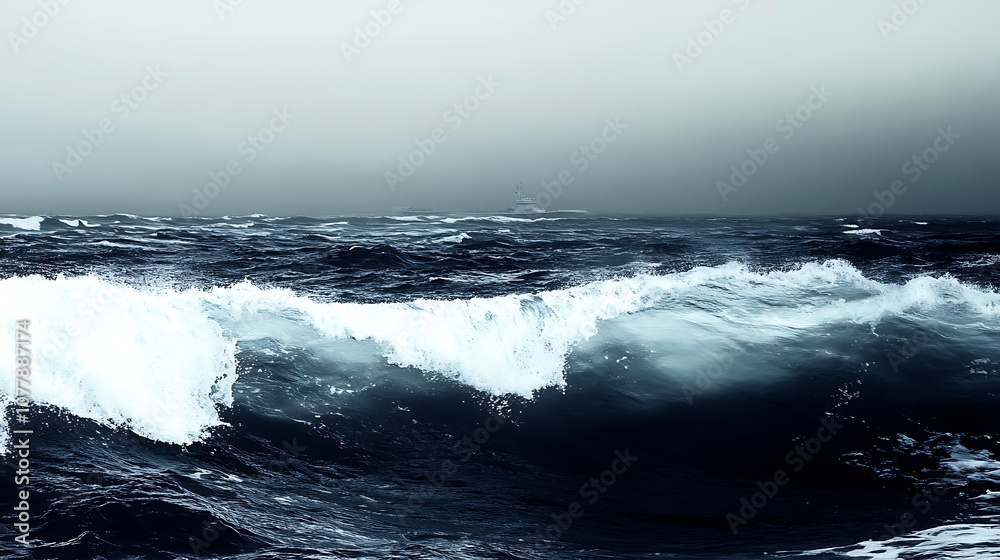 Fototapeta premium A large wave crashes in the ocean, with a ship on the horizon in the distance.