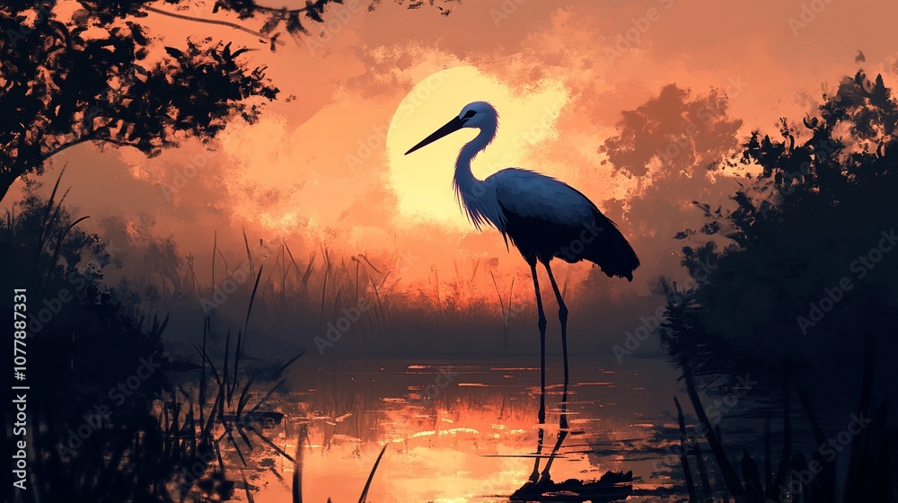 Fototapeta premium A lone egret stands in a misty marsh at sunset, its long legs reflected in the water.