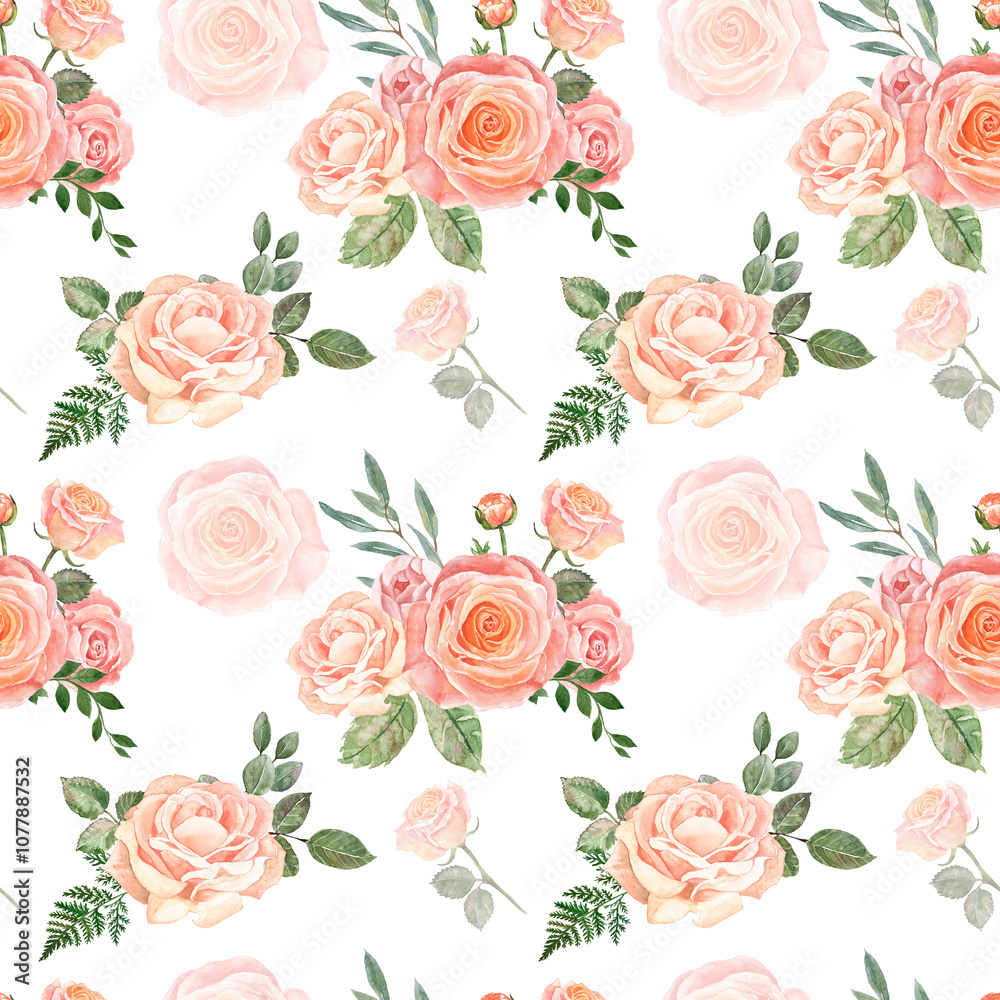 Floral seamless pattern with hand-painted peach pink roses and greenery. Watercolor blush flowers on white background. Floral seamless pattern with hand-painted peach pink roses and greenery. Watercolor blush flowers on white background.