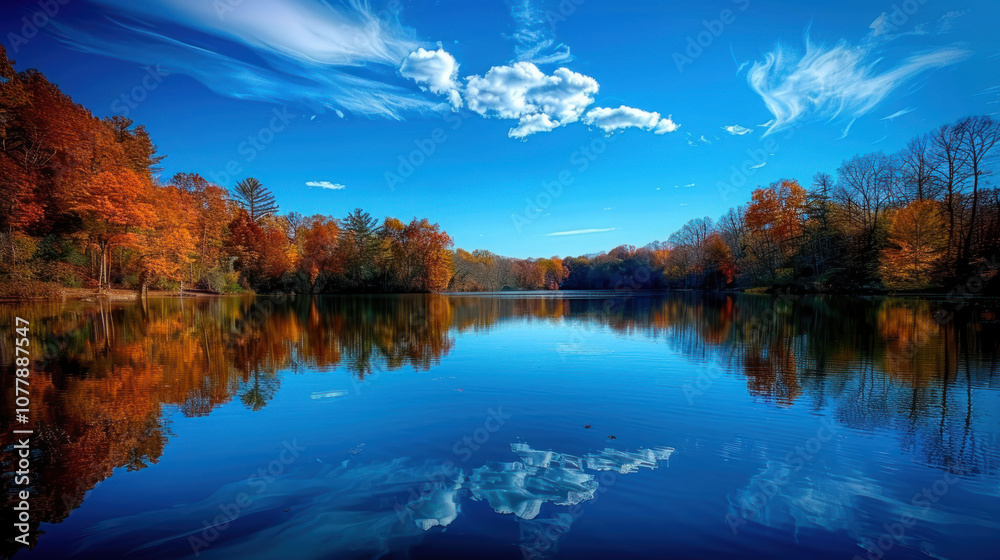 A serene, calm lake with not a ripple on the surface, the water reflecting the deep blue sky and surrounding trees A serene, calm lake with not a ripple on the surface, the water reflecting the deep blue sky and surrounding trees