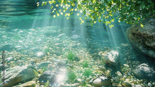 A serene crystal-clear lake with sunlight filtering through the water  illuminating the rocks and plants below