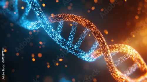 Glowing Blue and Orange DNA Helix, vibrant representation of the genetic blueprint, symbolizing life and scientific discovery.